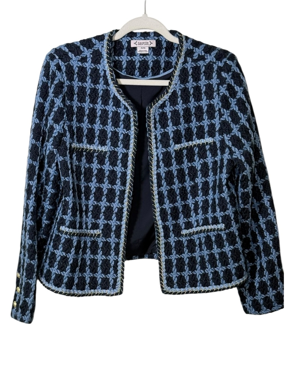 Nanette Lepore Windowpane Blue Tweed Bouclé Jacket Gold Buttons Medium - Picture 2 of 10